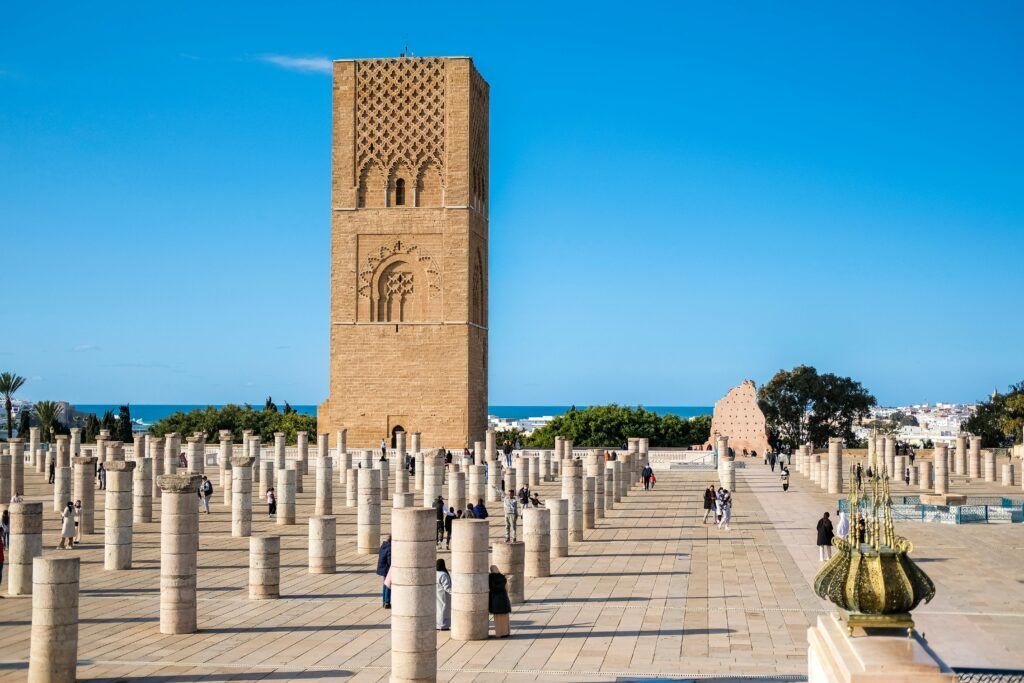 Errachidia to Casablanca (7 days) The iconic Hassan Tower amidst a sea of historical columns in Rabat, Morocco.